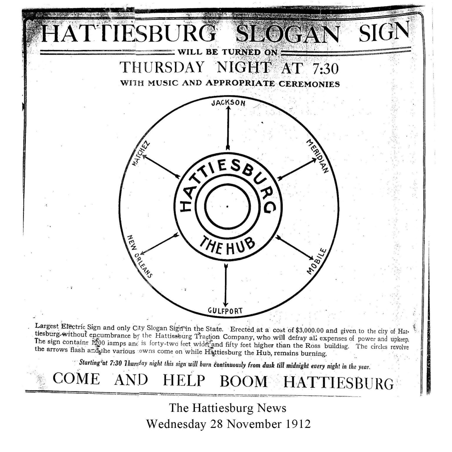 Historic Hub Sign newspaper advertisement